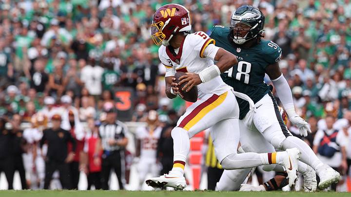 Sep 13, 2026; Philadelphia, Pennsylvania, USA; Philadelphia Eagles defensive tackle Jalen Carter (98) rushes Washington Commanders quarterback Jayden Daniels (5) during the first half at Lincoln Financial Field. Mandatory Credit: Bill Streicher-Imagn Images Sep 13, 2026; Philadelphia, Pennsylvania, USA; Philadelphia Eagles defensive tackle Jalen Carter (98) rushes Washington Commanders quarterback Jayden Daniels (5) during the first half at Lincoln Financial Field. Mandatory Credit: Bill Streicher-Imagn Images