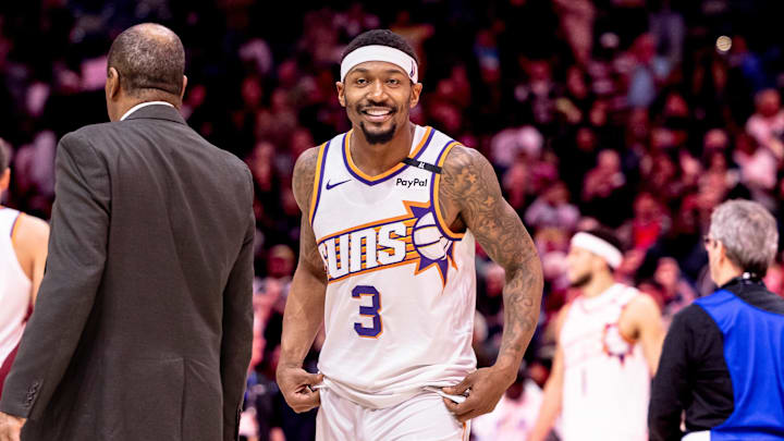 Dec 5, 2024; New Orleans, Louisiana, USA; Phoenix Suns guard Bradley Beal (3) reacts to the New Orleans Pelicans win at Smoothie King Center. Mandatory Credit: Stephen Lew-Imagn Images Dec 5, 2024; New Orleans, Louisiana, USA; Phoenix Suns guard Bradley Beal (3) reacts to the New Orleans Pelicans win at Smoothie King Center. Mandatory Credit: Stephen Lew-Imagn Images