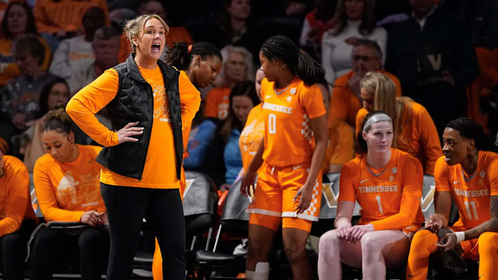 Tennessee head coach Kim Caldwell works with the team during the first quarter against Vanderbilt at Memorial Gym in Nashville, Tenn., Sunday, Jan. 19, 2025. Tennessee head coach Kim Caldwell works with the team during the first quarter against Vanderbilt at Memorial Gym in Nashville, Tenn., Sunday, Jan. 19, 2025.