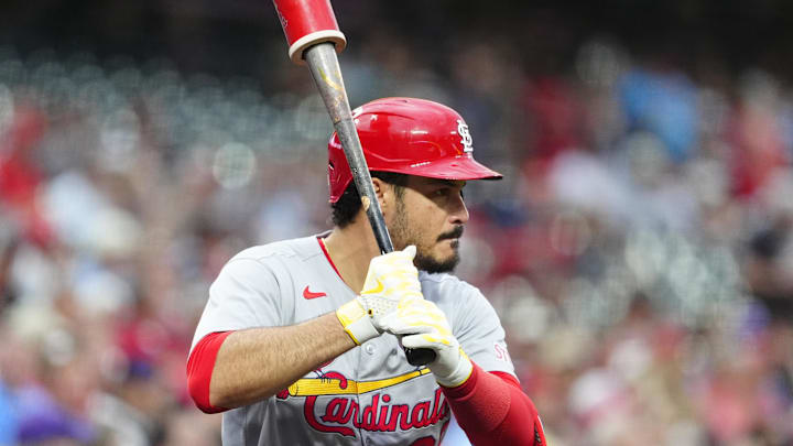 Jul 22, 2025; Denver, Colorado, USA; St. Louis Cardinals third baseman Nolan Arenado (28) on deck in the first inning against the Colorado Rockies at Coors Field. Mandatory Credit: Ron Chenoy-Imagn Images