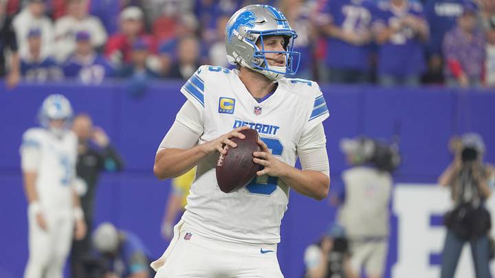 Detroit Lions quarterback Jared Goff looks for an open receiver during the second half at the Bills home opener game against the Detroit Lions on Sept. 17, 2026.