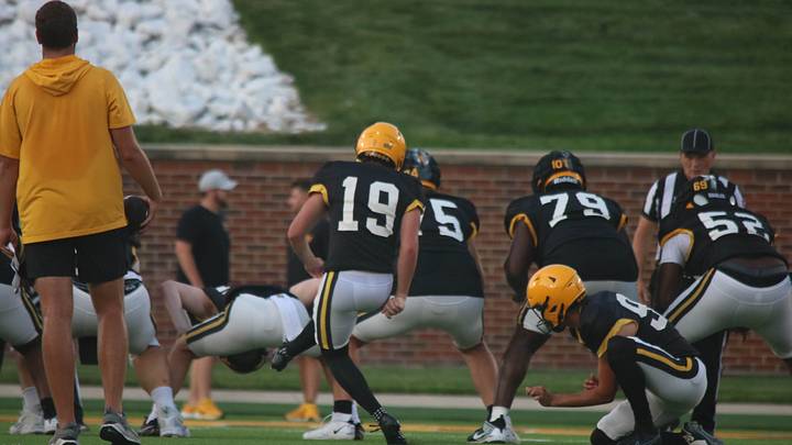 Missouri Tigers kicker Blake Craig (19) lines up for a kick at the team's annual fan night practice at Faurot Field on Aug. 17, 2024/ Missouri Tigers kicker Blake Craig (19) lines up for a kick at the team's annual fan night practice at Faurot Field on Aug. 17, 2024/