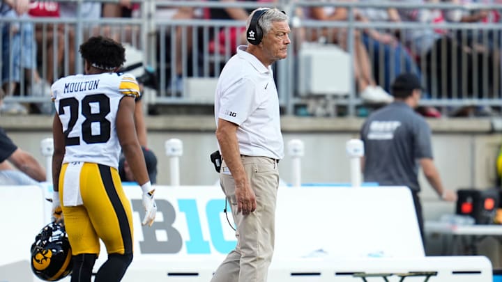 Oct 5, 2024; Columbus, OH, USA; Iowa Hawkeyes head coach Kirk Ferentz watches from the sideline during the second half of the NCAA football game against the Ohio State Buckeyes at Ohio Stadium. Ohio State won 35-7.