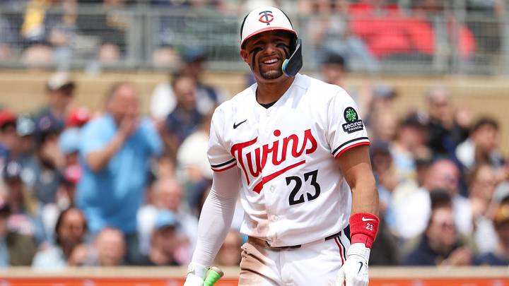 May 17, 2026; Minneapolis, Minnesota, USA; Minnesota Twins third baseman Royce Lewis (23) reacts to a strikeout against the Milwaukee Brewers during the first inning at Target Field. Mandatory Credit: Matt Krohn-Imagn Images