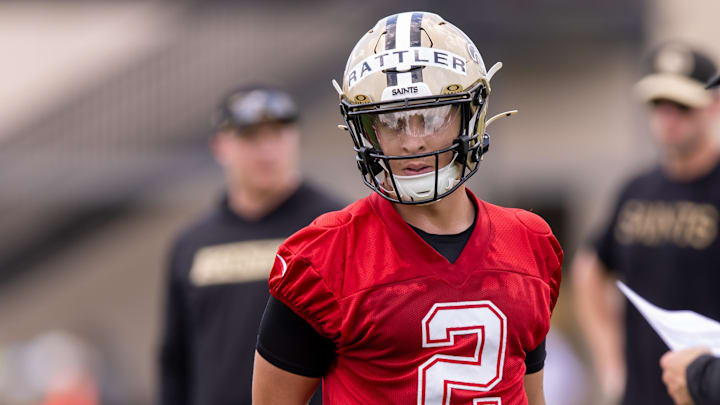 Jun 10, 2025; New Orleans, LA, USA;  New Orleans Saints quarterback Spencer Rattler (2) looks on during minicamp at Ochsner Sports Performance Center. Mandatory Credit: Stephen Lew-Imagn Images