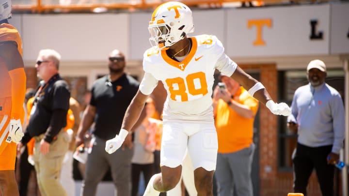 Tennessee wide receiver Mike Matthews (89) does a touchdown celebration dance during Tennessee's Orange & White spring football game at Neyland Stadium on Saturday, April 13, 2024. Tennessee wide receiver Mike Matthews (89) does a touchdown celebration dance during Tennessee's Orange & White spring football game at Neyland Stadium on Saturday, April 13, 2024.