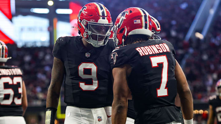 Atlanta Falcons running back Bijan Robinson scored two touchdowns Sunday against the New York Giants. Atlanta Falcons running back Bijan Robinson scored two touchdowns Sunday against the New York Giants.
