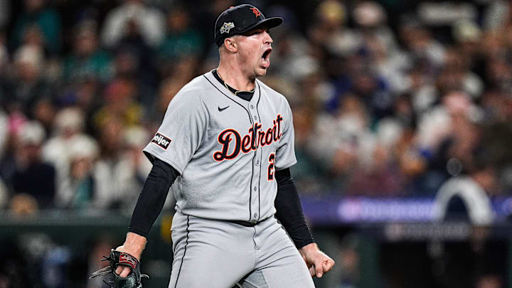 Tigers pitcher Tarik Skubal celebrates striking out Mariners catcher Cal Raleigh in the sixth inning of ALDS Game 5 at T-Mobile Park in Seattle on Friday, Oct. 10, 2025. Tigers pitcher Tarik Skubal celebrates striking out Mariners catcher Cal Raleigh in the sixth inning of ALDS Game 5 at T-Mobile Park in Seattle on Friday, Oct. 10, 2025.