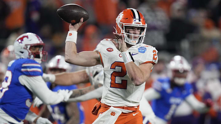 Dec 7, 2024; Charlotte, NC, USA; Clemson Tigers quarterback Cade Klubnik (2) throws during the third quarter against the Southern Methodist Mustangs in the 2024 ACC Championship game at Bank of America Stadium.