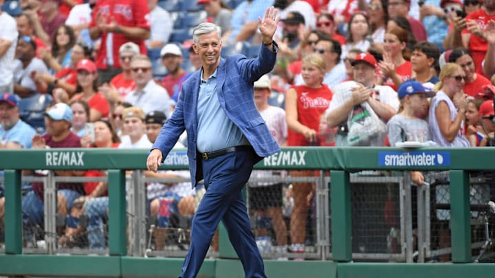 Aug 18, 2024; Philadelphia, Pennsylvania, USA; Former Philadelphia Phillies president Dave Dombrowski during Phillies Alumni Weekend and the 20th anniversary of Citizens Bank Park before game against the Washington Nationals at Citizens Bank Park. Aug 18, 2024; Philadelphia, Pennsylvania, USA; Former Philadelphia Phillies president Dave Dombrowski during Phillies Alumni Weekend and the 20th anniversary of Citizens Bank Park before game against the Washington Nationals at Citizens Bank Park.