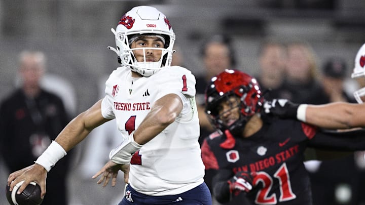 Nov 25, 2023; San Diego, California, USA; Fresno State Bulldogs quarterback Mikey Keene (1) throws a pass against the San Diego State Aztecs during the first half at Snapdragon Stadium. Mandatory Credit: Orlando Ramirez-USA TODAY Sports