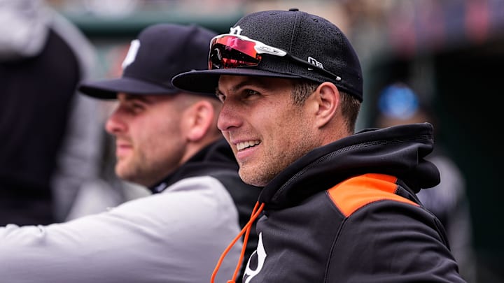 Detroit Tigers’ Brewer Hicklen watches a play against New York Yankees from the dugout at Comerica Park in Detroit on Wednesday, April 9, 2025.