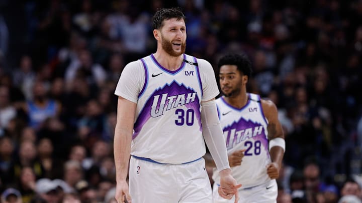 Dec 22, 2025; Denver, Colorado, USA; Utah Jazz center Jusuf Nurkic (30) reacts after a play in the third quarter against the Denver Nuggets at Ball Arena. Mandatory Credit: Isaiah J. Downing-Imagn Images
