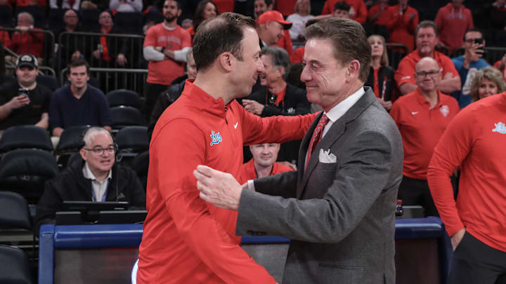 New Mexico Lobos head coach Richard Pitino and St. John's Red Storm head coach Rick Pitino on Nov 17, 2024.