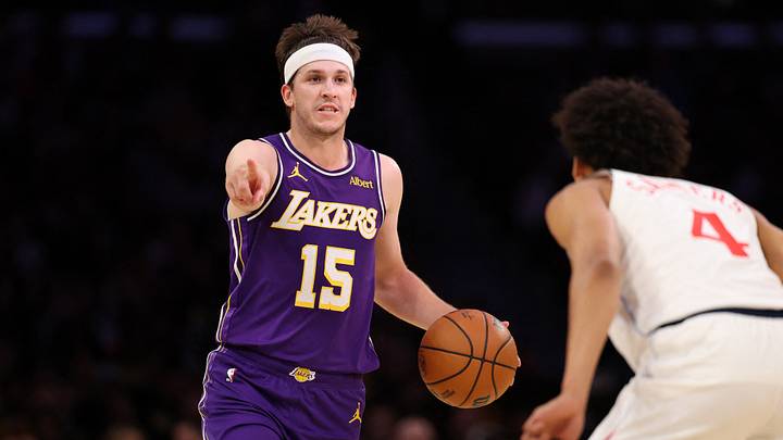 Oct 23, 2026; Los Angeles, California, USA; Los Angeles Lakers guard Austin Reaves (15) brings the ball up court against Los Angeles Clippers guard Kobe Sanders (4) during the second quarter at Crypto.com Arena. Mandatory Credit: Kiyoshi Mio-Imagn Images Oct 23, 2026; Los Angeles, California, USA; Los Angeles Lakers guard Austin Reaves (15) brings the ball up court against Los Angeles Clippers guard Kobe Sanders (4) during the second quarter at Crypto.com Arena. Mandatory Credit: Kiyoshi Mio-Imagn Images