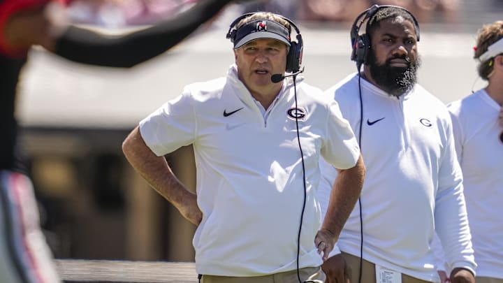 Apr 13, 2024; Athens, GA, USA; Georgia Bulldogs head coach Kirby Smart on the field during the G-Day