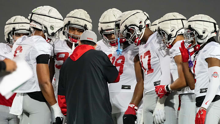 Ohio State Buckeyes defensive coordinator Matt Patricia talks to players during spring football practice at the Woody Hayes Athletic Center in Columbus on March 19, 2025.