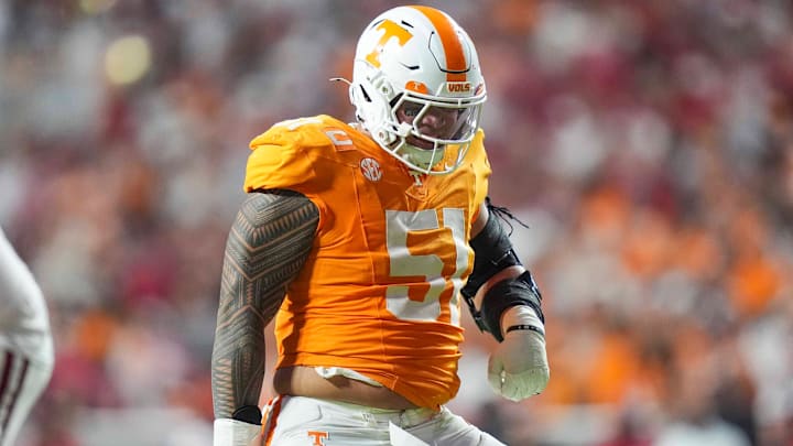 Tennessee defensive lineman Jaxson Moi (51) celebrates after a tackle during a college football game between Tennessee and Arkansas at Neyland Stadium in Knoxville, Tenn., on Oct. 11, 2025.