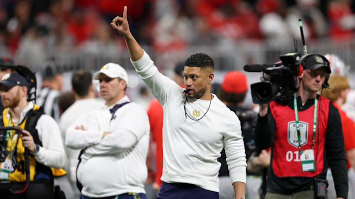 Jan 20, 2025; Atlanta, GA, USA; Notre Dame Fighting Irish head coach Marcus Freeman during warmups before the CFP National Championship college football game at Mercedes-Benz Stadium.