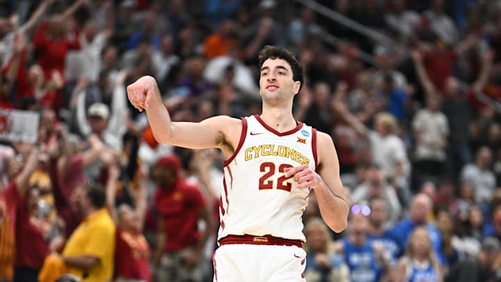 Mar 22, 2026; St. Louis, MO, USA; Iowa State Cyclones forward Milan Momcilovic (22) celebrates after a play during the second half against the Kentucky Wildcats during a second round game of the men's 2026 NCAA Tournament at Enterprise Center. Mandatory Credit: Jeff Le-Imagn Images