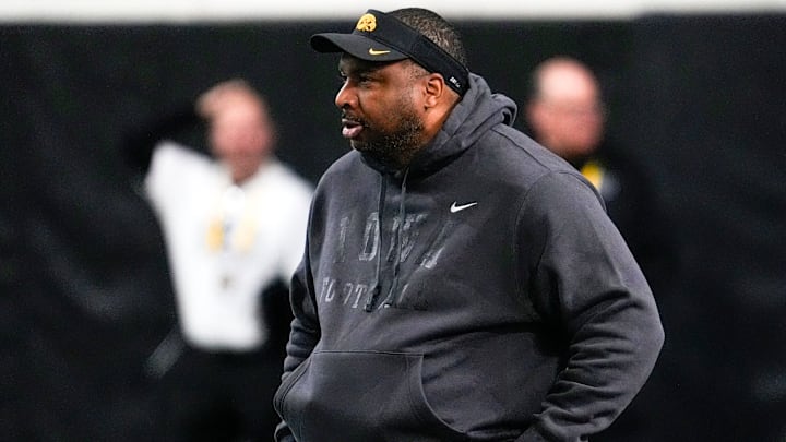 Iowa's running back coach Omar Young watches practice Thursday, April 3, 2025 in Iowa City, Iowa.
