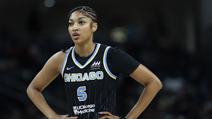 Aug 19, 2025; Chicago, Illinois, USA; Chicago Sky forward Angel Reese (5)looks on during the first half of a WNBA game against the Seattle Storm at Wintrust Arena. Mandatory Credit: Kamil Krzaczynski-Imagn Images