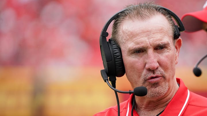 Aug 26, 2023; Kansas City, Missouri, USA; Kansas City Chiefs defensive coordinator Steve Spagnuolo on the sidelines against the Cleveland Browns during the game at GEHA Field at Arrowhead Stadium. Mandatory Credit: Denny Medley-Imagn Images