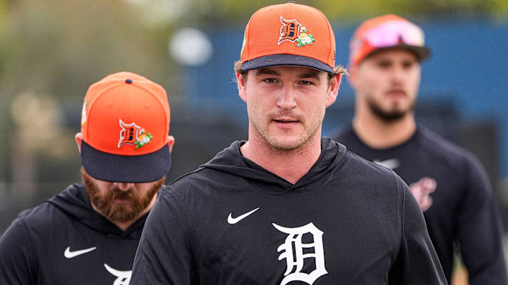 Detroit Tigers catcher Dillon Dingler practices during spring training. 