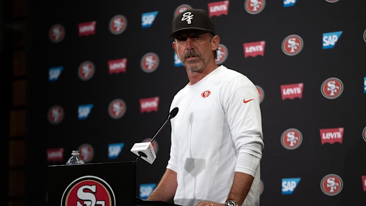 Jun 10, 2025; Santa Clara, CA, USA; San Francisco 49ers head coach Kyle Shanahan speaks to the media following an OTA at Levi's Stadium. Mandatory Credit: D. Ross Cameron-Imagn Images