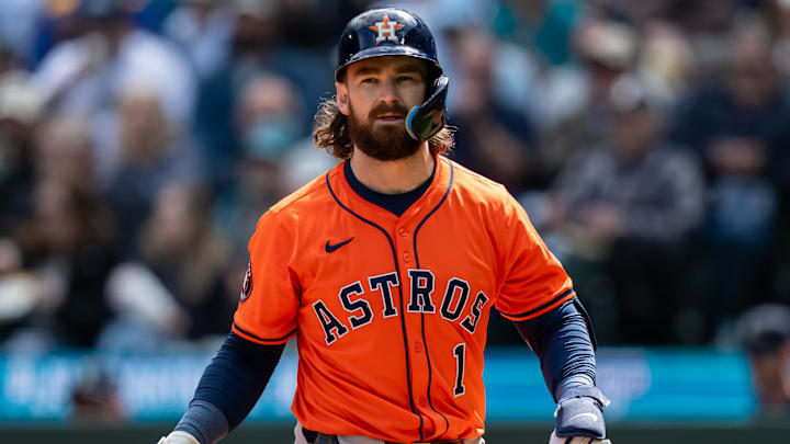 Apr 9, 2025; Seattle, Washington, USA;  Houston Astros second baseman Brendan Rodgers (1) walks off the field after an at-bat against the Seattle Mariners at T-Mobile Park. Mandatory Credit: Stephen Brashear-Imagn Images