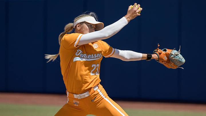 May 28, 2026; Oklahoma City, OK, USA;  Tennessee Lady Volunteers pitcher Karlyn Pickens (23) throws a pitch in the sixth inning against the Texas Longhorns during the NCAA Women’s College World Series at Devon Park. Tennessee won 6-3. Mandatory Credit: Brett Rojo-Imagn Images