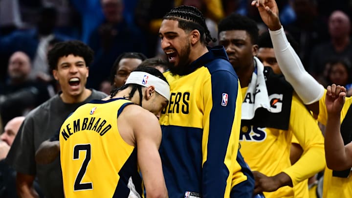May 13, 2025; Cleveland, Ohio, USA; Indiana Pacers guard Andrew Nembhard (2) celebrates with the bench during the second half against the Cleveland Cavaliers in game five of the second round for the 2025 NBA Playoffs at Rocket Arena. Mandatory Credit: Ken Blaze-Imagn Images