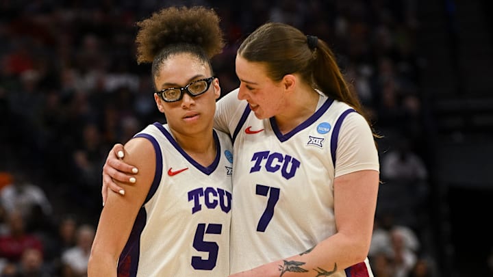 Olivia Miles (left) and Marta Suarez scored or assisted on every one of TCU’s points against Virginia on Saturday. Olivia Miles (left) and Marta Suarez scored or assisted on every one of TCU’s points against Virginia on Saturday.