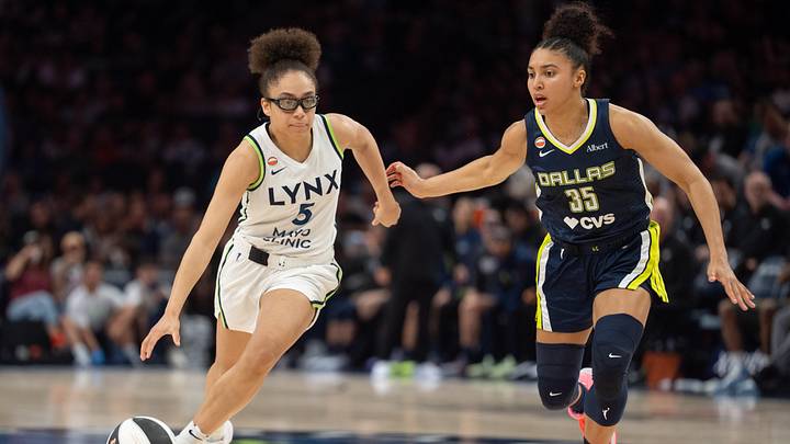 Jun 9, 2026; Minneapolis, Minnesota, USA; Minnesota Lynx guard Olivia Miles (5) drives by the defense of Dallas Wings guard Azzi Fudd (35) in the third quarter at Target Center. Mandatory Credit: Matt Blewett-Imagn Images Jun 9, 2026; Minneapolis, Minnesota, USA; Minnesota Lynx guard Olivia Miles (5) drives by the defense of Dallas Wings guard Azzi Fudd (35) in the third quarter at Target Center. Mandatory Credit: Matt Blewett-Imagn Images