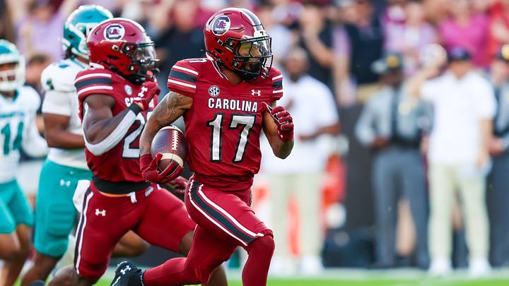 Nov 22, 2025; Columbia, South Carolina, USA; South Carolina Gamecocks wide receiver Jayden Sellers (17) scores a touchdown on a 75-yard screen on the opening play against the Coastal Carolina Chanticleers in the first quarter at Williams-Brice Stadium. Mandatory Credit: Jeff Blake-Imagn Images