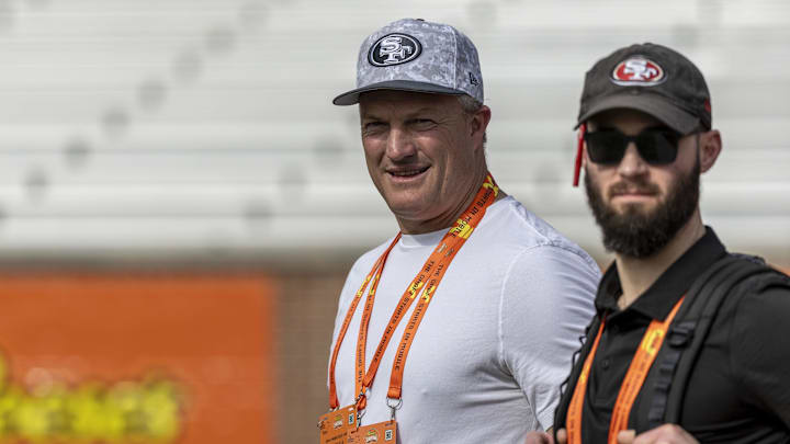 Jan 29, 2025; Mobile, AL, USA; San Francisco 49ers general manager John Lynch watches drills with San Francisco 49ers director of player personnel RJ Gillen during Senior Bowl practice for the American team at Hancock Whitney Stadium. Mandatory Credit: Vasha Hunt-Imagn Images