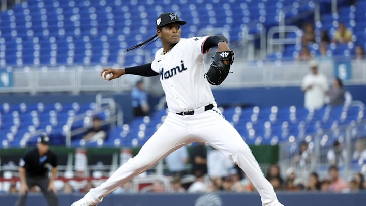 Apr 15, 2024; Miami, Florida, USA; Miami Marlins starting pitcher Edward Cabrera (42)