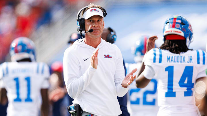 Sep 6, 2025; Lexington, Kentucky, USA; Mississippi Rebels head coach Lane Kiffin reacts after a play during the second quarter against the Kentucky Wildcats at Kroger Field. Mandatory Credit: Jordan Prather-Imagn Images