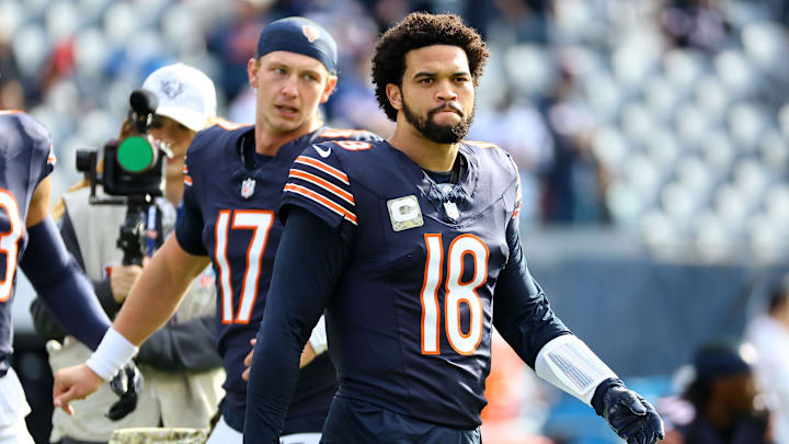 Nov 10, 2024; Chicago, Illinois, USA; Chicago Bears quarterback Caleb Williams (18) practices before the game against the New England Patriots at Soldier Field.