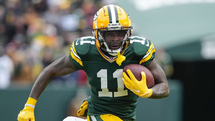 Jan 5, 2025; Green Bay, Wisconsin, USA;  Green Bay Packers wide receiver Jayden Reed (11) during the game against the Chicago Bears at Lambeau Field.