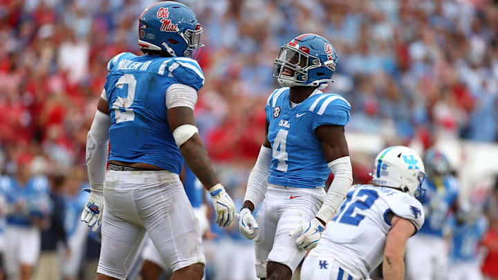 Sep 28, 2024; Oxford, Mississippi, USA; Mississippi Rebels defensive linemen Walter Nolen (2) and linebacker Suntarine Perkins (4) react after a sack during the second half against the Kentucky Wildcats at Vaught-Hemingway Stadium. Mandatory Credit: Petre Thomas-Imagn Images Sep 28, 2024; Oxford, Mississippi, USA; Mississippi Rebels defensive linemen Walter Nolen (2) and linebacker Suntarine Perkins (4) react after a sack during the second half against the Kentucky Wildcats at Vaught-Hemingway Stadium. Mandatory Credit: Petre Thomas-Imagn Images