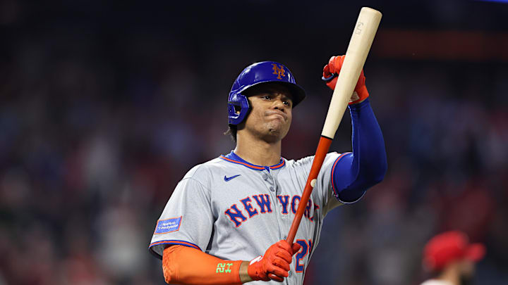 Sep 10, 2025; Philadelphia, Pennsylvania, USA; New York Mets outfielder Juan Soto (22) punches his bat after popping out to end the game in a loss against the Philadelphia Phillies at Citizens Bank Park. Mandatory Credit: Bill Streicher-Imagn Images