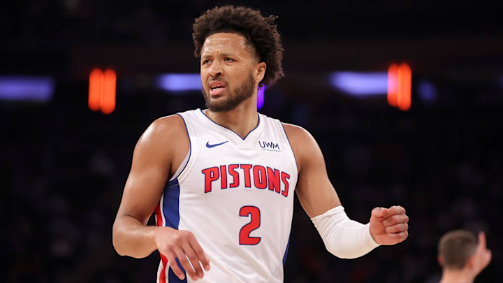 Feb 26, 2024; New York, New York, USA; Detroit Pistons guard Cade Cunningham (2) reacts during the first quarter against the New York Knicks at Madison Square Garden. Mandatory Credit: Brad Penner-Imagn Images