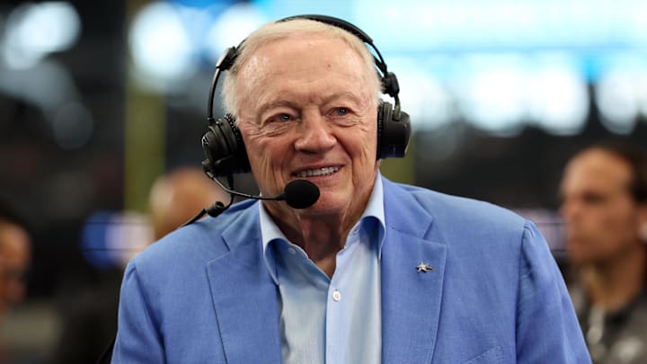 Aug 24, 2024; Arlington, Texas, USA; Dallas Cowboys owner Jerry Jones talks to the media before the game against the Los Angeles Chargers at AT&T Stadium. Mandatory Credit: Tim Heitman-Imagn Images