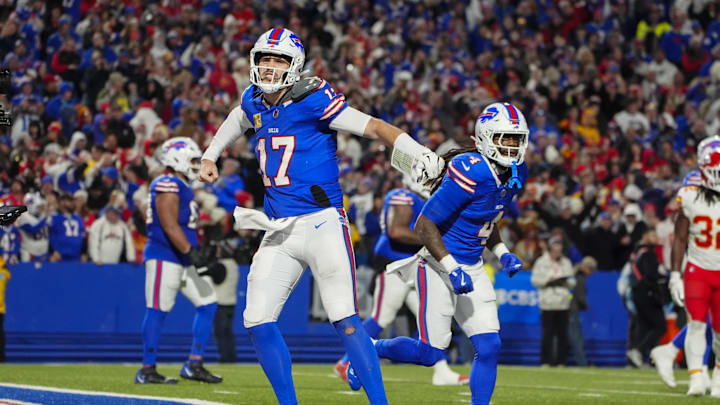 Nov 17, 2024; Orchard Park, New York, USA; Buffalo Bills quarterback Josh Allen (17) reacts to scoring a touchdown against the Kansas City Chiefs during the second half at Highmark Stadium. Mandatory Credit: Gregory Fisher-Imagn Images