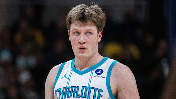 Feb 26, 2026; Indianapolis, Indiana, USA;  Charlotte Hornets guard Kon Knueppel (7)  in the first half against the Indiana Pacers at Gainbridge Fieldhouse. Mandatory Credit: Trevor Ruszkowski-Imagn Images