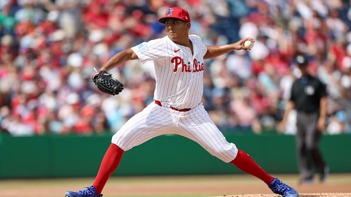 Mar 4, 2025; Clearwater, Florida, USA; Philadelphia Phillies pitcher Ranger Suarez (55) throws a pitch against the New York Yankees in the fourth inning during spring training at BayCare Ballpark. 