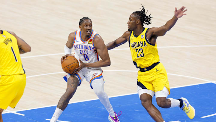 Jun 5, 2025; Oklahoma City, Oklahoma, USA; Oklahoma City Thunder forward Jalen Williams (8) looks to move the ball past Indiana Pacers forward Aaron Nesmith (23) during the fourth quarter in Game 1 of the 2025 NBA Finals at Paycom Center. Mandatory Credit: Alonzo Adams-Imagn Images Jun 5, 2025; Oklahoma City, Oklahoma, USA; Oklahoma City Thunder forward Jalen Williams (8) looks to move the ball past Indiana Pacers forward Aaron Nesmith (23) during the fourth quarter in Game 1 of the 2025 NBA Finals at Paycom Center. Mandatory Credit: Alonzo Adams-Imagn Images