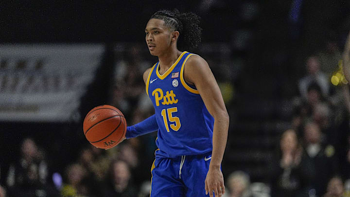 Feb 1, 2025; Winston-Salem, North Carolina, USA; Pittsburgh Panthers guard Jaland Lowe (15) brings the ball up court during the second half against the Wake Forest Demon Deacons at Lawrence Joel Veterans Memorial Coliseum. Mandatory Credit: Jim Dedmon-Imagn Images