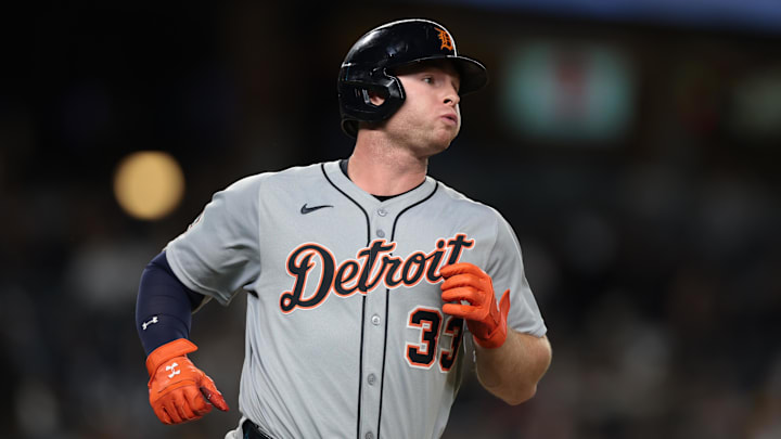 Sep 10, 2025; Bronx, New York, USA; Detroit Tigers second baseman Colt Keith (33) hits a two run home run during the ninth inning against the New York Yankees at Yankee Stadium.
